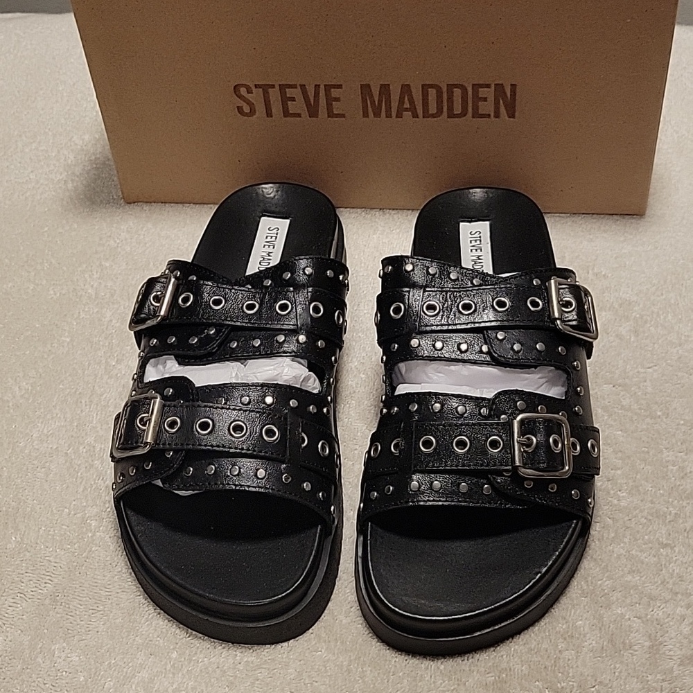 Steve Madden Melanie Black Double-Buckle Stud Slide Sandals, NIB - Picture 2 of 10